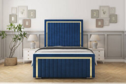 "Sloomy Boston Gold Navy Plush Bed Frame With 50"" Upholstered Headboard 4' Small Double" - thumbnail 1