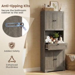 Gainoom Tall Grey Bathroom Cabinet Freestanding Storage Cabinet Modern Wooden Storage Organizer - thumbnail 3