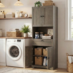 Gainoom Tall Grey Bathroom Cabinet Freestanding Storage Cabinet Modern Wooden Storage Organizer - thumbnail 7