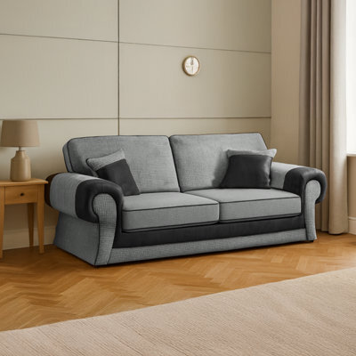 Furnishings For Less UK Portland Fabric 3 Seater Sofa  Rolled Arms Black And Grey - image 1