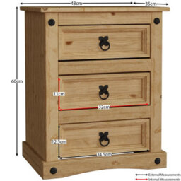 Pine Bedside Cabinet Lamp Table 3 Drawers Chest - thumbnail 2
