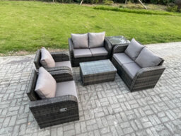 Fimous Rattan Garden Furniture Set 6 Seater Patio Outdoor Lounge Sofa Set With 2 Reclining Chairs Rectangular Coffee Table - thumbnail 2