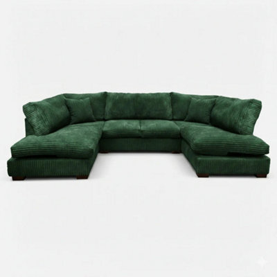 BlissFurniture Ltd Jumbo Cord U Shaped Full Back Sofa In Green Colour Large 6&7 Seater With Supportive Memory Foam Seating
