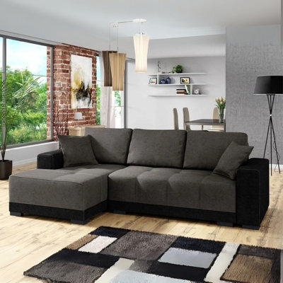Dallas L Shaped Corner Sofa Bed With Storage Pull Out Sleeping Area Black Grey Left Corner Side - image 1