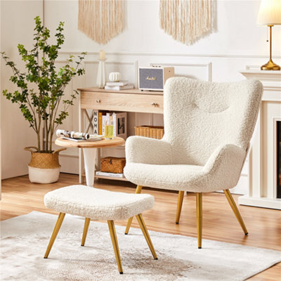 Yaheetech Ivory Boucle Fabric Accent Armchair And Ottoman Set