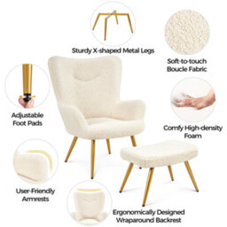 Yaheetech Ivory Boucle Fabric Accent Armchair And Ottoman Set - thumbnail 4