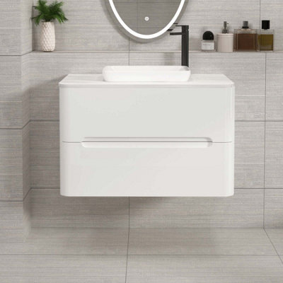Royal Bathrooms Venice 800mm Gloss White Wall Mounted Bathroom Countertop Vanity Unit 2 Drawer With Qubix Basin - image 1