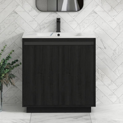 Royal Bathrooms Orion 800mm Floor Standing Vanity Unit 2 Drawer Hale Black With Carrara White Basin & Brushed Brass Accent Trim - image 1