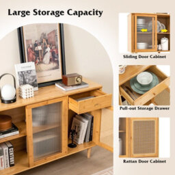 Gainoom Kitchen Natural Buffet Sideboard Storage Cabinet Cupboard W/ Tempered Glass Sliding Door - thumbnail 7