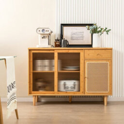 Gainoom Kitchen Natural Buffet Sideboard Storage Cabinet Cupboard W/ Tempered Glass Sliding Door - thumbnail 4