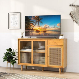 Gainoom Kitchen Natural Buffet Sideboard Storage Cabinet Cupboard W/ Tempered Glass Sliding Door - thumbnail 5