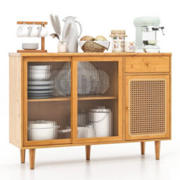 Gainoom Kitchen Natural Buffet Sideboard Storage Cabinet Cupboard W/ Tempered Glass Sliding Door
