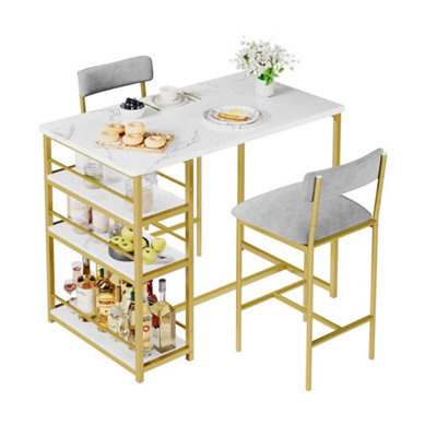 Marble Pattern Dining Table Set With 3-Tier Storage Shelf, 2 Upholstered Chairs - image 1