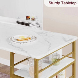 Marble Pattern Dining Table Set With 3-Tier Storage Shelf, 2 Upholstered Chairs - thumbnail 4