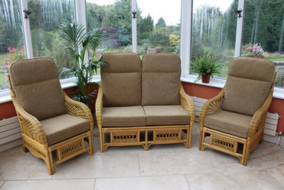 Garden Market Place Gardenmarketplace Portofino Cane Conservatory Furniture 3 Piece Suite - 2 Chairs And A Sofa- Coffee Colour Fabric