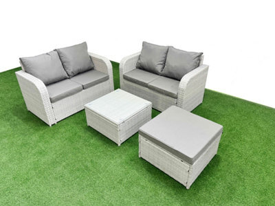 Fimous 5 Seater Outdoor Love Sofa Set Rattan Garden Furniture Set Square Coffee Table Big Footstool Light Grey - image 1