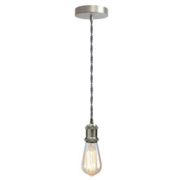 1M Black & White Twisted Cable Pendant  E27 Base With Satin Nickel Lamp Holder
