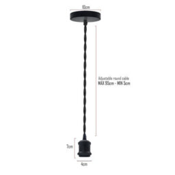 1M Black & White Twisted Cable Pendant  E27 Base With Satin Nickel Lamp Holder - thumbnail 6
