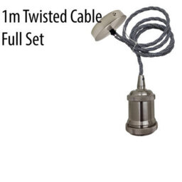 1M Black & White Twisted Cable Pendant  E27 Base With Satin Nickel Lamp Holder - thumbnail 9