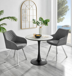 Furniturebox Uk Elina White Marble Effect Round Dining Table & 2 Dark Grey Falun Silver Leg Chairs