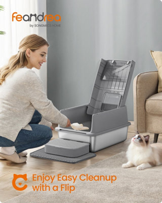 Feandrea Stainless Steel Cat Litter Box With Flip Lid, Scoop, Litter Mat, 2 Doors, For Cats Up To 15 Kg, Dove Grey - image 1
