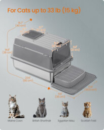 Feandrea Stainless Steel Cat Litter Box With Flip Lid, Scoop, Litter Mat, 2 Doors, For Cats Up To 15 Kg, Dove Grey - thumbnail 6
