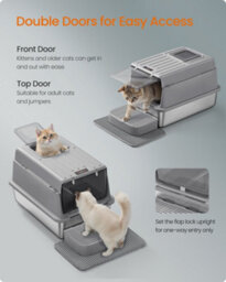 Feandrea Stainless Steel Cat Litter Box With Flip Lid, Scoop, Litter Mat, 2 Doors, For Cats Up To 15 Kg, Dove Grey - thumbnail 5