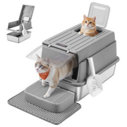 Feandrea Stainless Steel Cat Litter Box With Flip Lid, Scoop, Litter Mat, 2 Doors, For Cats Up To 15 Kg, Dove Grey - thumbnail 2
