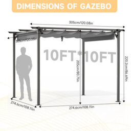 Onemill 10 X10 Ft Pergola With Retractable Sun Shade Canopy Outdoor Metal Shelter Gazebo-Grey - thumbnail 6