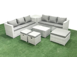 Fimous Garden Outdoor Pe Rattan Furniture Set 9 Seater Rattan Garden Sofa Set 3 Stools Side Table Light Grey - thumbnail 2