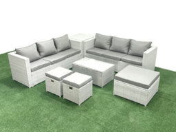 Fimous Garden Outdoor Pe Rattan Furniture Set 9 Seater Rattan Garden Sofa Set 3 Stools Side Table Light Grey - thumbnail 1