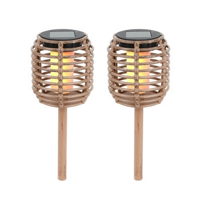 Gardenwize Pack Of 2 Solar Rattan-Effect Stake Lights Warm White Led Outdoor Path & Border Garden Lights - image 1