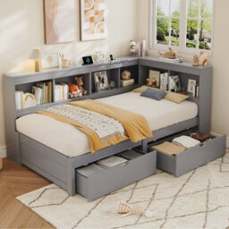 Abrihome Grey 3Ft Single L-Shape Daybed With 2 Drawers & Bookcase Storage, Charging Station, Wood Frame 90X190Cm, For Living/bed/study Room - thumbnail 1