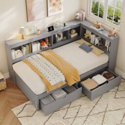 Abrihome Grey 3Ft Single L-Shape Daybed With 2 Drawers & Bookcase Storage, Charging Station, Wood Frame 90X190Cm, For Living/bed/study Room - thumbnail 6