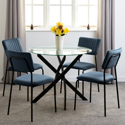 Seconique Sheldon Round Glass Top Dining Set - Navy Blue Chairs - image 1
