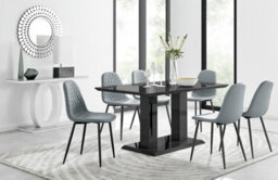 Furniturebox Imperia Black High Gloss 6 Seater Dining Table With Structural 2 Plinth Column Legs 6 Grey Faux Leather Silver Leg Corona Chairs - thumbnail 1