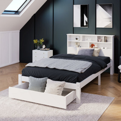 Abrihome Bed With Shelves, White Wooden Storage Bed, Underbed Drawer - 3Ft Single (90 X 190 Cm) - image 1