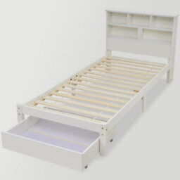 Abrihome Bed With Shelves, White Wooden Storage Bed, Underbed Drawer - 3Ft Single (90 X 190 Cm) - thumbnail 5