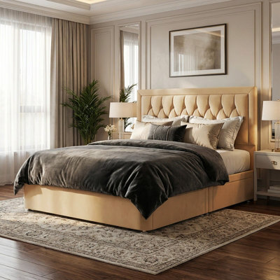"Adore Designs Diamond Cut Bumper Plush Velvet Divan Bed, 50"" Headboard - 4Ft6 Double - Coffee - 0 Drawers" - image 1