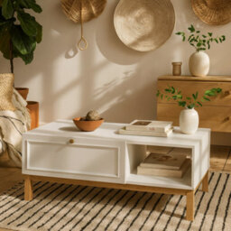 Wyld Haus Pebblewick White Coffee Table With 1 Drawer And Oak Legs - thumbnail 1
