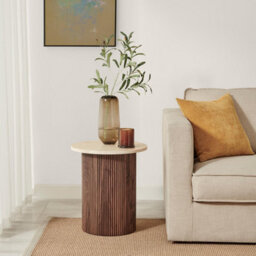 Furniturebox Uk Penrose Round Walnut & Cream Marble Effect Side Table - thumbnail 3