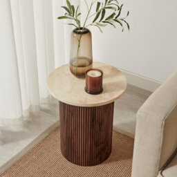 Furniturebox Uk Penrose Round Walnut & Cream Marble Effect Side Table - thumbnail 4