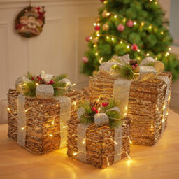 Living And Home Set Of 3 Rattan Led Light Up Christmas Gift Box Glitter Xmas Tree Decor Parcel Presents Set With Bow