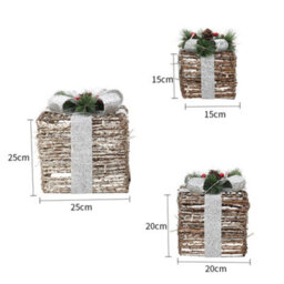 Living And Home Set Of 3 Rattan Led Light Up Christmas Gift Box Glitter Xmas Tree Decor Parcel Presents Set With Bow - thumbnail 5
