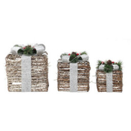 Living And Home Set Of 3 Rattan Led Light Up Christmas Gift Box Glitter Xmas Tree Decor Parcel Presents Set With Bow - thumbnail 4