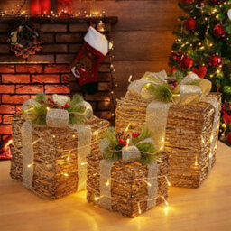 Living And Home Set Of 3 Rattan Led Light Up Christmas Gift Box Glitter Xmas Tree Decor Parcel Presents Set With Bow - thumbnail 3
