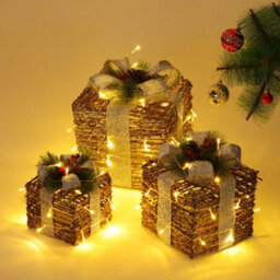 Living And Home Set Of 3 Rattan Led Light Up Christmas Gift Box Glitter Xmas Tree Decor Parcel Presents Set With Bow - thumbnail 2