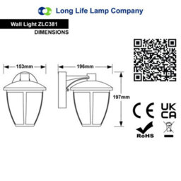 Long Life Lamps Company Outdoor Downward Wall Light Black Lantern Clear Diffuser Ip44 Zlc381 - thumbnail 2