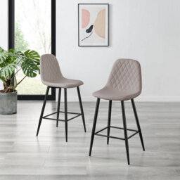 Furniturebox Uk 2X Counter Stools - Corona Cappuccino Beige Faux Leather Dining Chair Black Metal Legs - Industrial Scandi Style - thumbnail 2