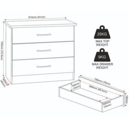Nevada 3 Drawer Chest Of Drawers Grey Gloss Bedroom Storage Cabinet Furniture - thumbnail 2
